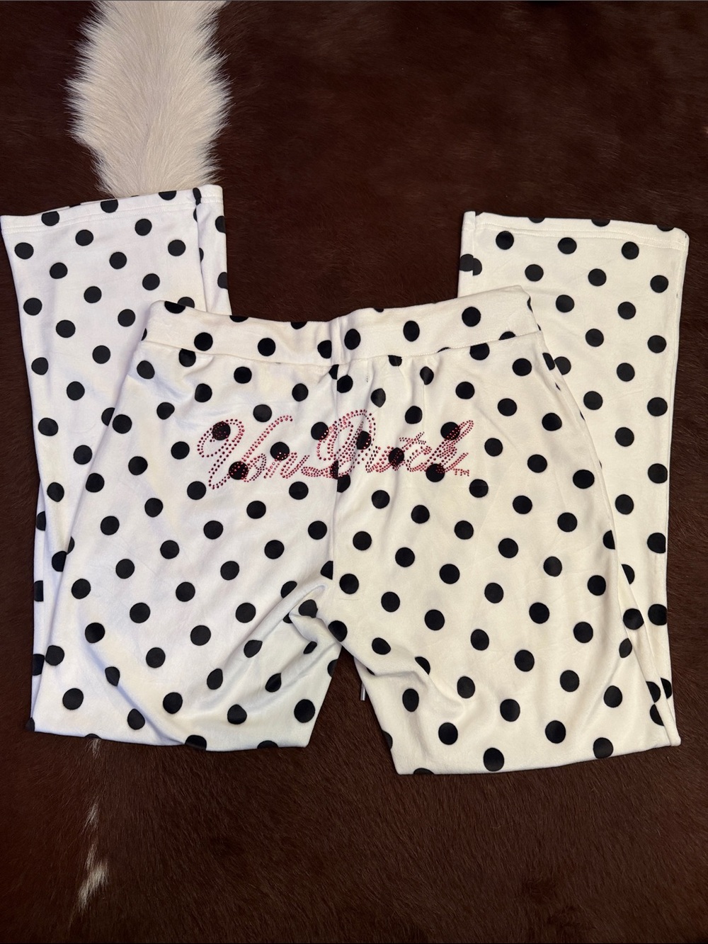 Von Dutch White Wide Leg Pants with Black Polka Dots and Rhinestone Logo
